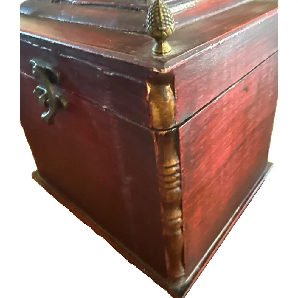 Vintage Red Wooden Keepsake Box Brass Handle Acorn Finials Lined 9in X 9in X 7in